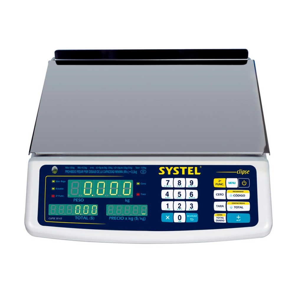 Balanza Comercial Systel Clipse Bateria 31kg Bandeja Acero Inox 200 Articulos