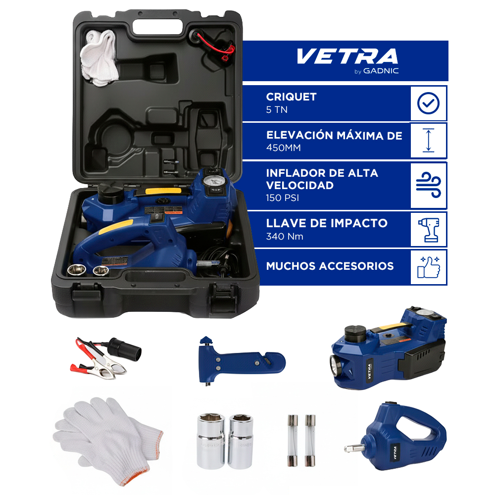 Crique Eléctrico Auto VETRA By Gadnic  5T Automático Multifunción Inflador Outlet