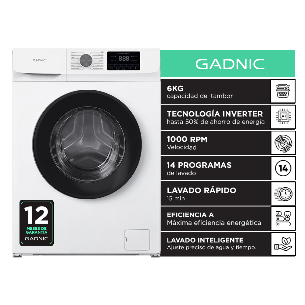 Lavarropas Automático Gadnic Blanco 6 Kg Slim Fit Tecnología Inverter 1000 RPM Carga Frontal 14 Programas Lavado Rápido 15 Min 