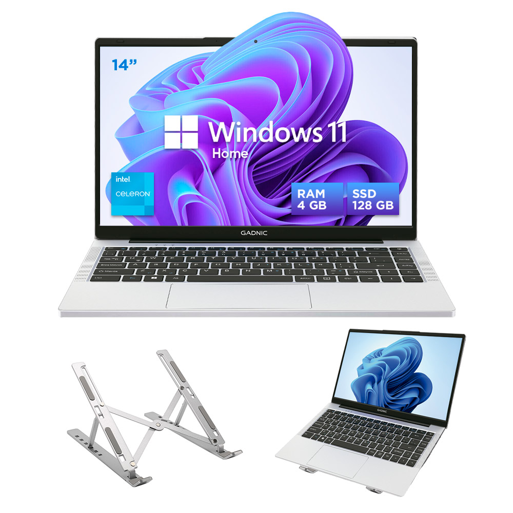 Notebook Gadnic 14 Pulgadas Intel Celeron N4500 RAM 4GB SSD 128GB Cámara Frontal + Soporte