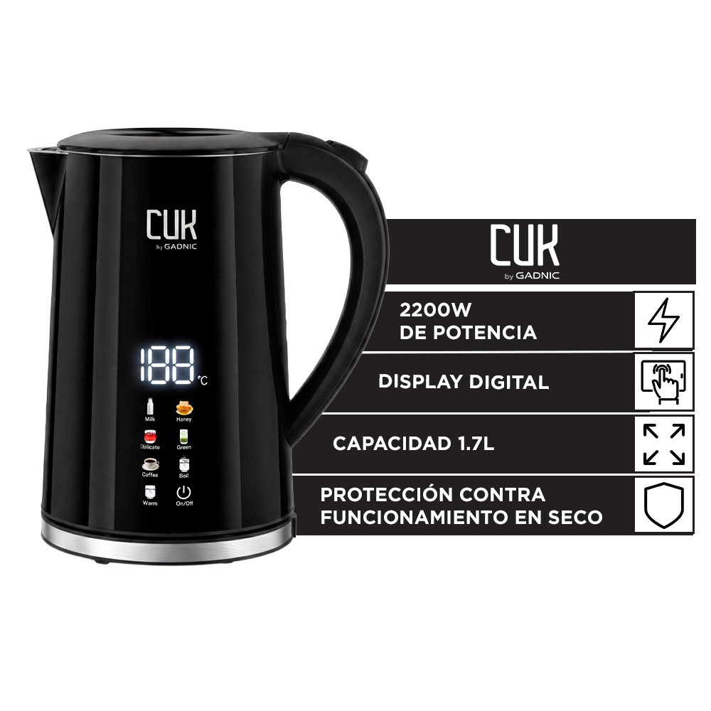 Pava Eléctrica Cuk By Gadnic 1.7 Litros 2200W Con Display Digital Acero Inoxidable