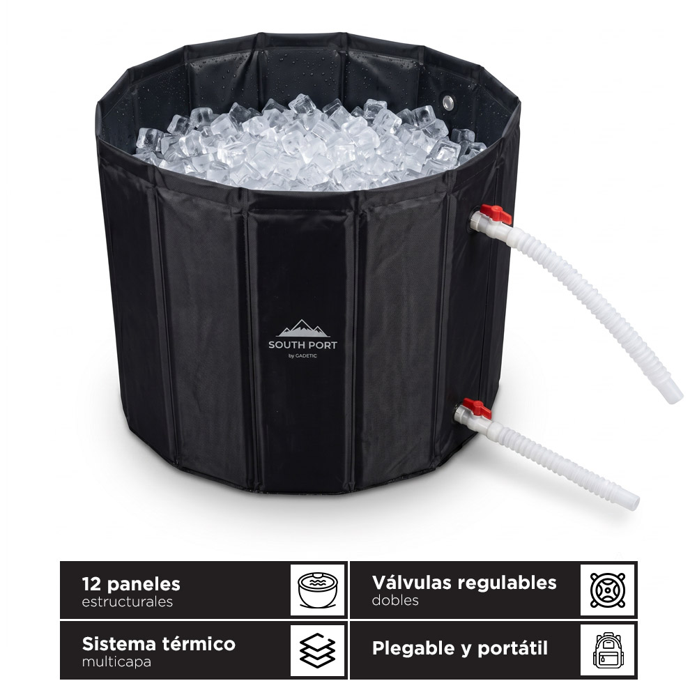 Bañera De Hielo Plegable South Port By Gadnic Estructura 12 Paneles Tela Oxford Malla PVC MDF 3 mm Tapa Termica Dos Valvulas Regulables Dos Mangueras Flexibles 52 cm