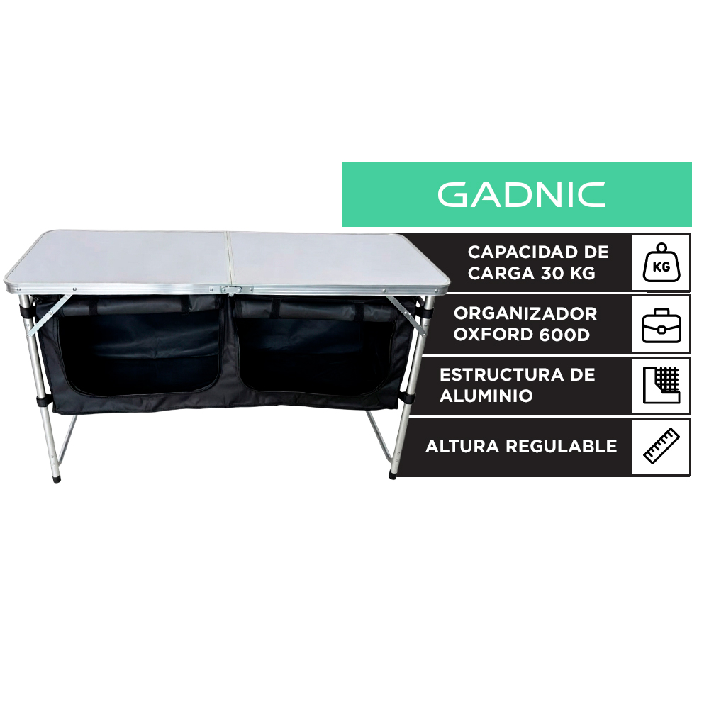 Mesa Camping Plegable Gadnic 122 X 48 X 71 Cm Organizador Oxford 600D Estructura De Aluminio Altura Regulable Capacidad 30 Kg