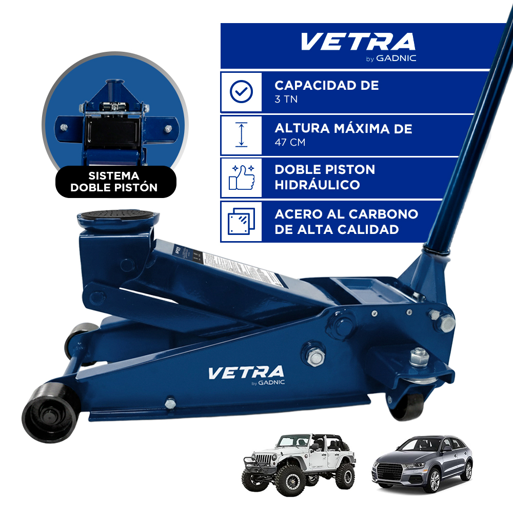 Crique Gato Hidráulico Vetra By Gadnic 3 Toneladas Doble Pistón Para Auto
