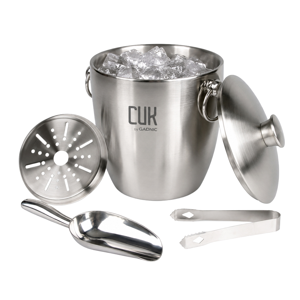 Hielera Acero Inoxidable Cuk By Gadnic Doble Capa 3L Con Pinza Y Cuchara Cubetera Hielos